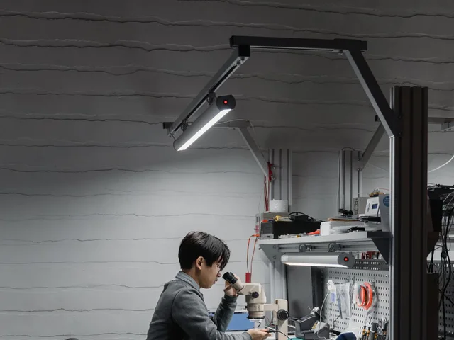 Quality control engineer inspecting microchips under a stereo microscope in an ESD lab